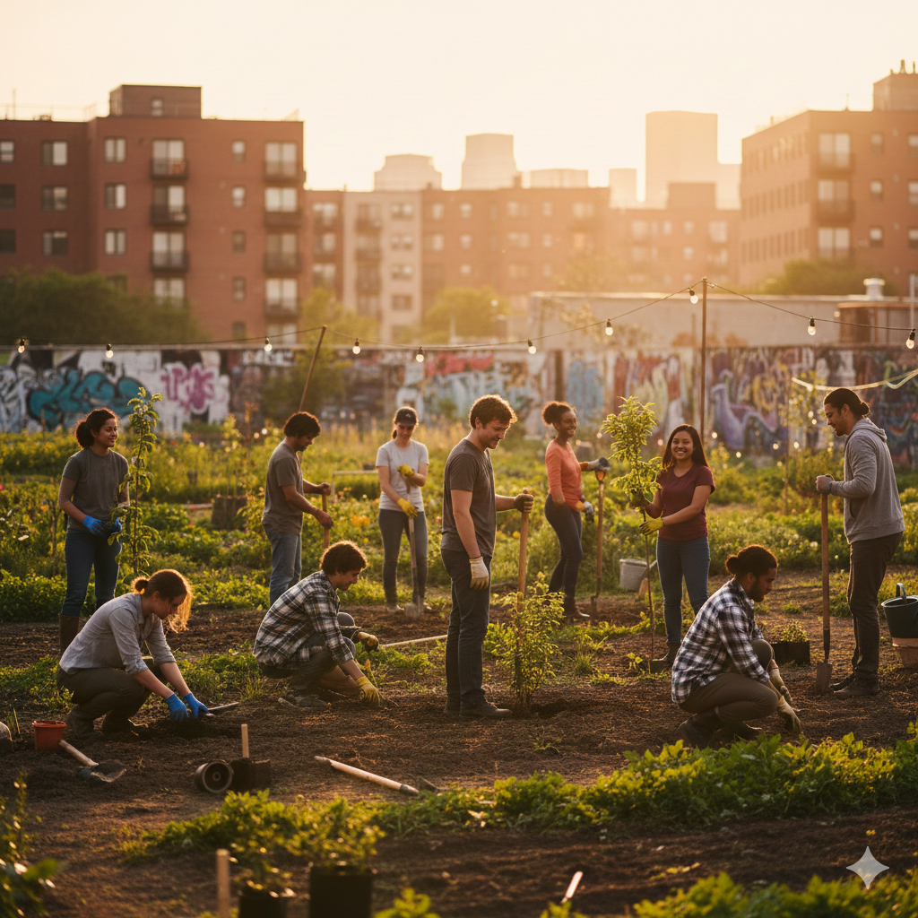 Cinematic, photorealistic shot of a community garden in an urban setting